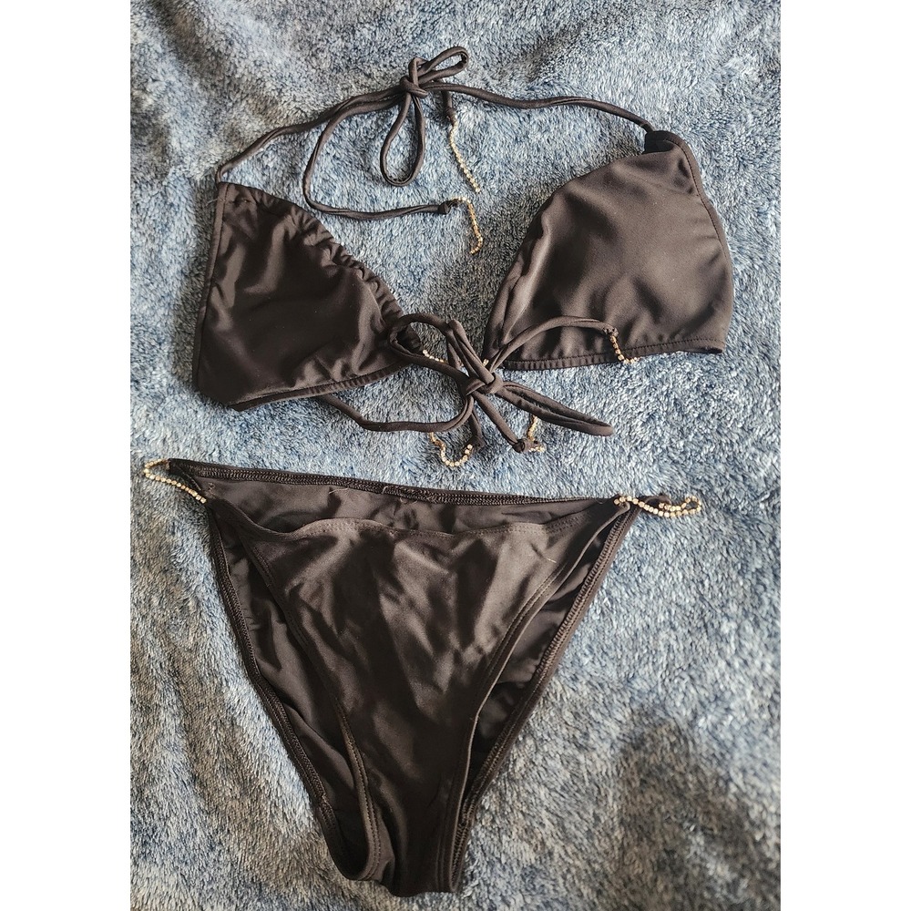Black Solid Bikini Set Rhinestone Swimwear Swimsuit Two Piece Bathing Suit